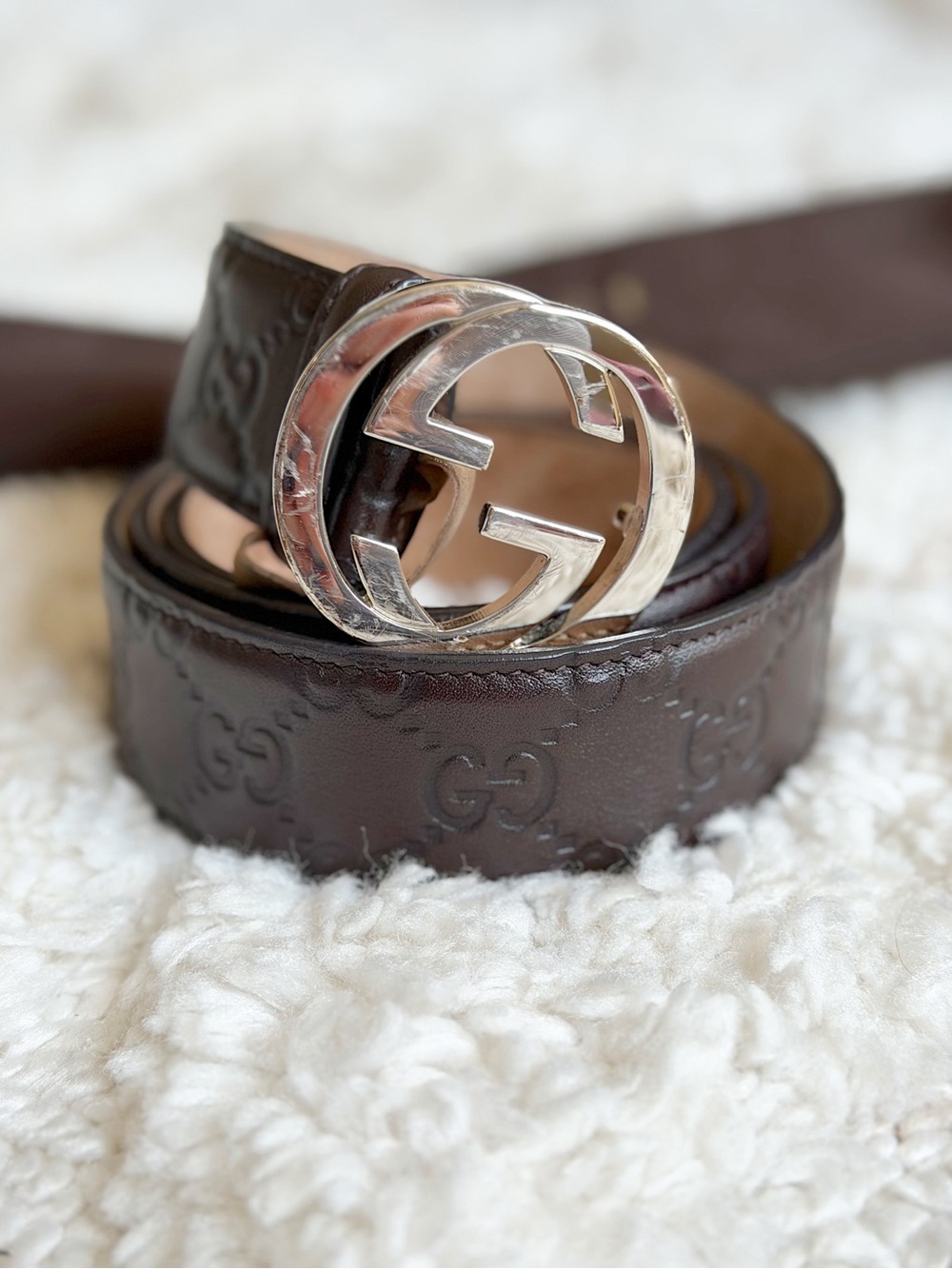 Gucci guccissima GG brown leather men women belt silver buckle 90/36